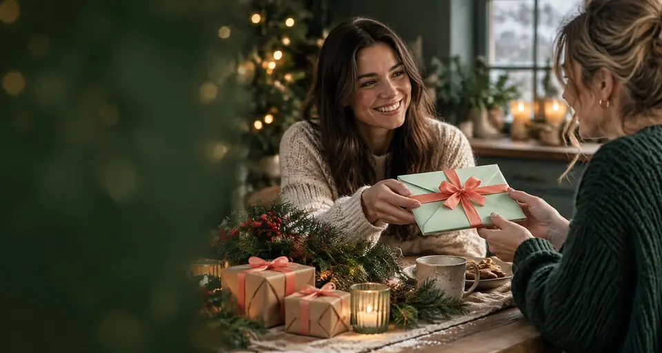 Twee vriendinnen wisselen bij kaarslicht een mintgroene cadeaudoos met koraalkleurige strik uit, met kerstboom, dennentakken en besneeuwd raam op de achtergrond