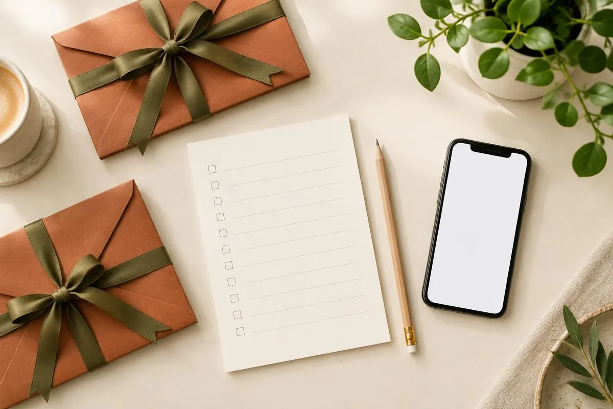 Blanco cadeaulijst met potlood en telefoon naast twee terracotta cadeau-enveloppen met olijfgroen lint