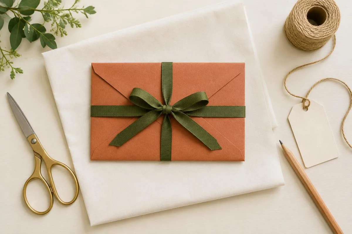 Terracotta cadeau-envelop met olijfgroen lint naast een blanco kaartje, schaar en potlood