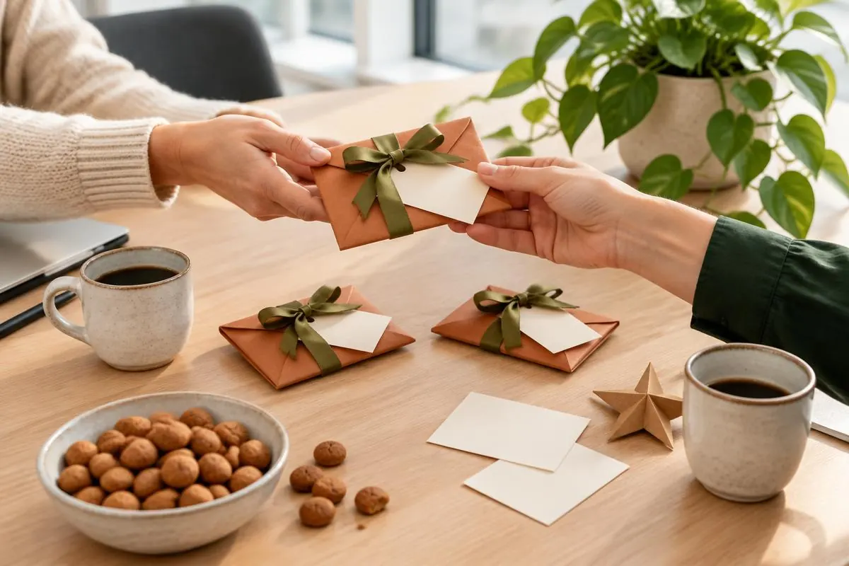 Collega’s wisselen een terracotta cadeau-envelop met olijfgroen lint uit aan een tafel met koffie en kruidnoten